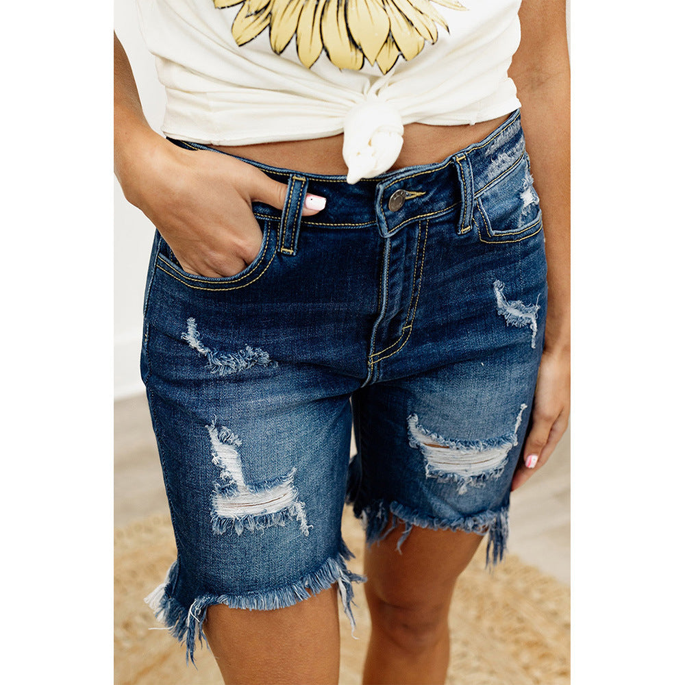Washed And Frayed Jeans Women's Summer Slim High Waist Shorts