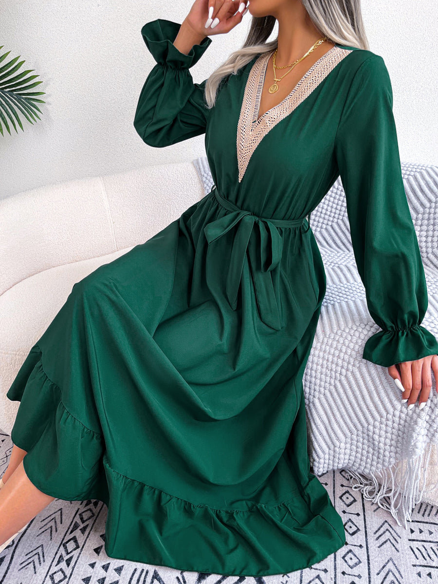 Ins Style Real Shot Spring And Summer European And American Temperament V-Neck Lace Waisted Ruffled Dress
