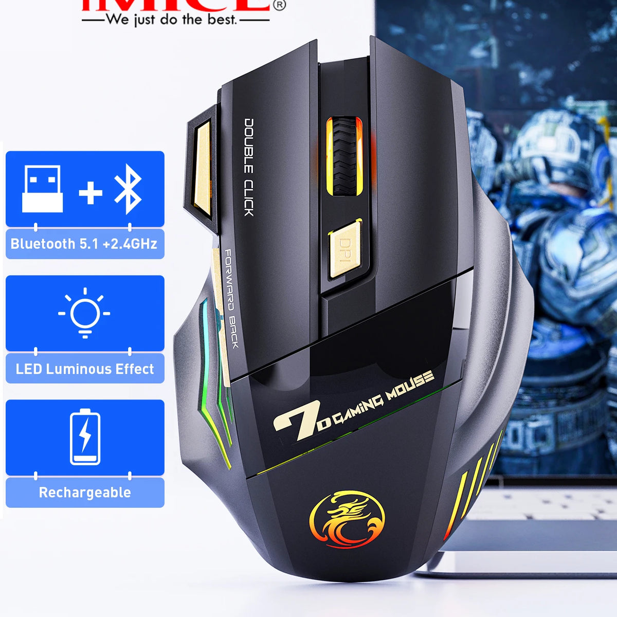 Rechargeable Computer Mice Wirless Gaming Wireless Bluetooth Silent 3200 DPI Ergonomic USB Mause With Backligh