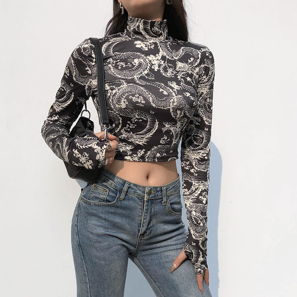 Print Anime Shirt Female Turtleneck Long Sleeve Woman Cropped Tshirts Vintage