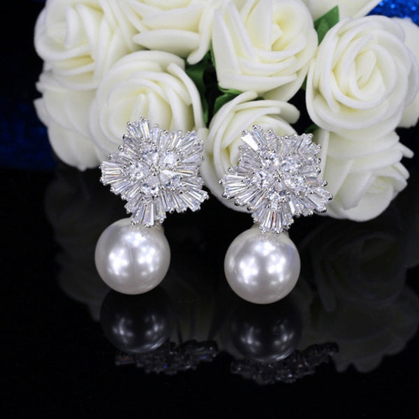 Pearl Earrings for Women with Luxury Fireworks Shaped Cubic Zirconia Woman Jewelry Birthday Gift