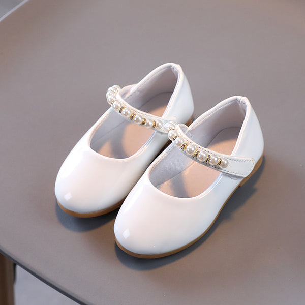 Girls' Leather Shoes Pearl Buckle Soft Bottom