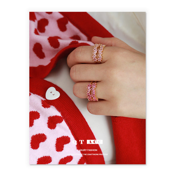 Colorful Zircon Micro-inlaid/brass Plated 18K Gold Korean Version Cute Pink Double Layer Zircon Niche Open Bracelet Ring