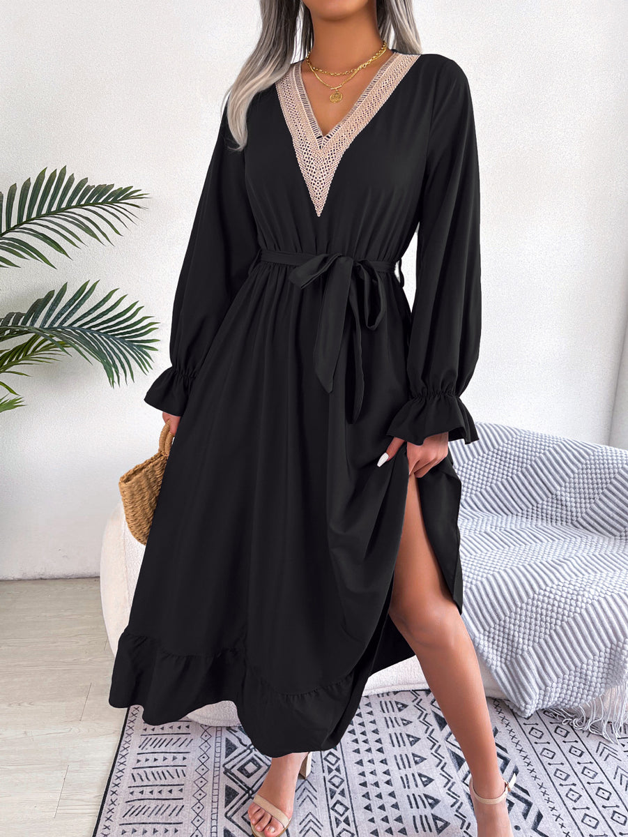 Ins Style Real Shot Spring And Summer European And American Temperament V-Neck Lace Waisted Ruffled Dress