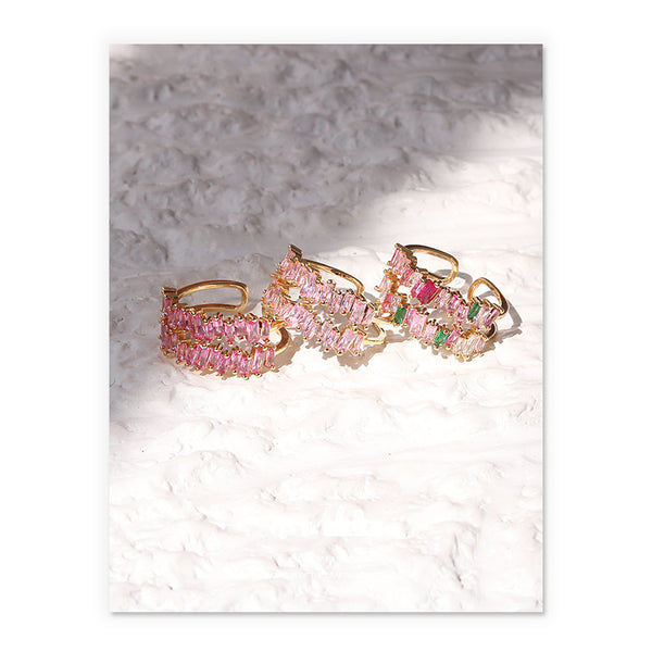 Colorful Zircon Micro-inlaid/brass Plated 18K Gold Korean Version Cute Pink Double Layer Zircon Niche Open Bracelet Ring