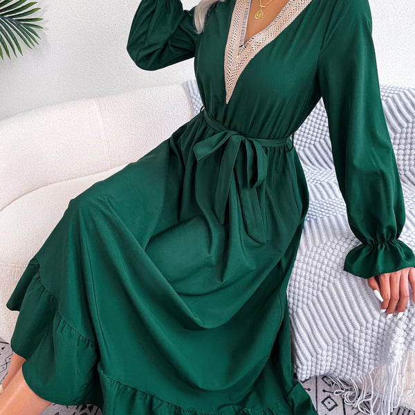 Ins Style Real Shot Spring And Summer European And American Temperament V-Neck Lace Waisted Ruffled Dress