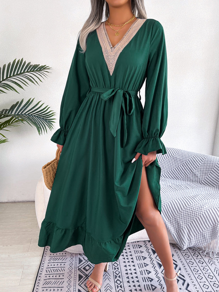 Ins Style Real Shot Spring And Summer European And American Temperament V-Neck Lace Waisted Ruffled Dress