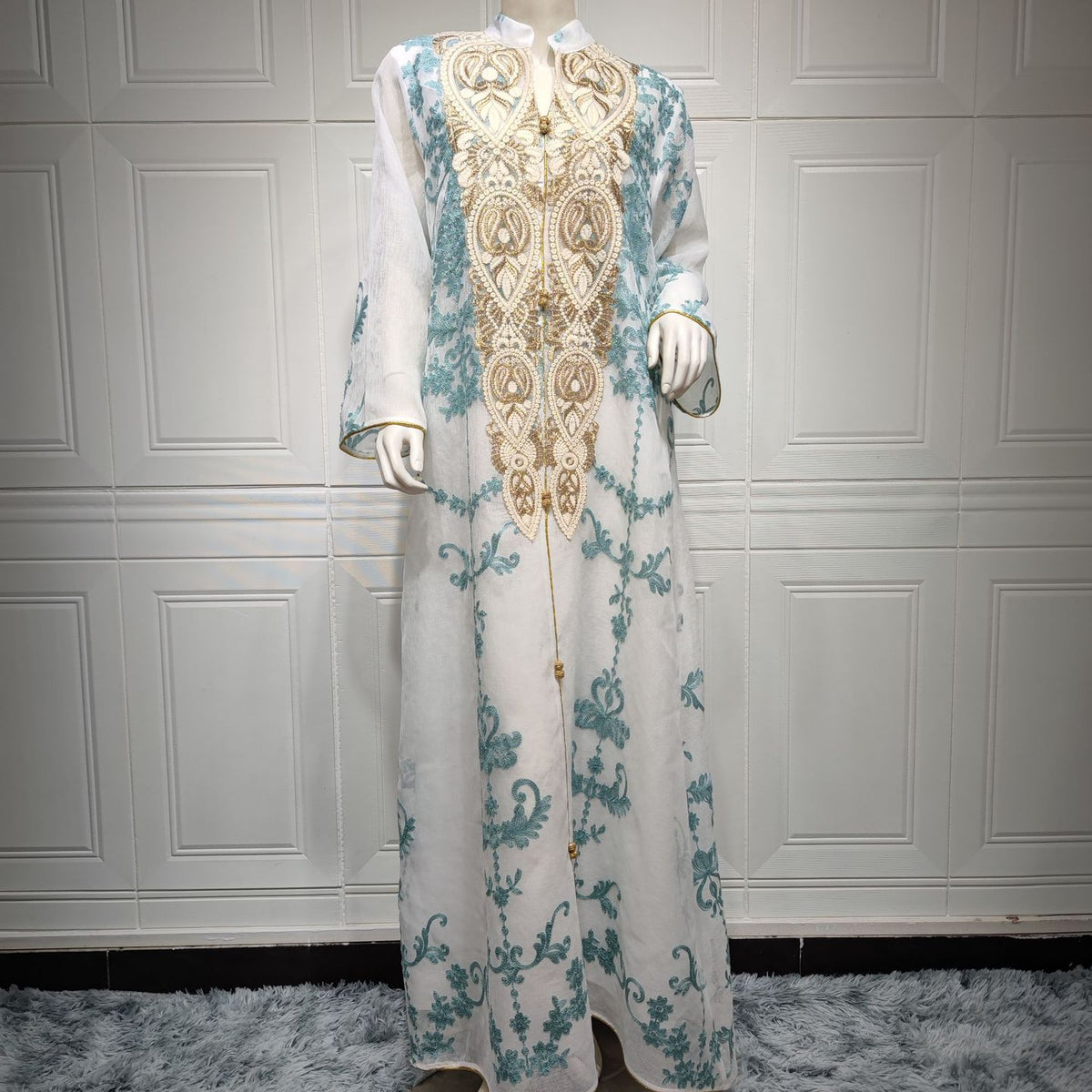 Muslim Evening Dress Mesh Embroidery Appliquéd Robe Abaya