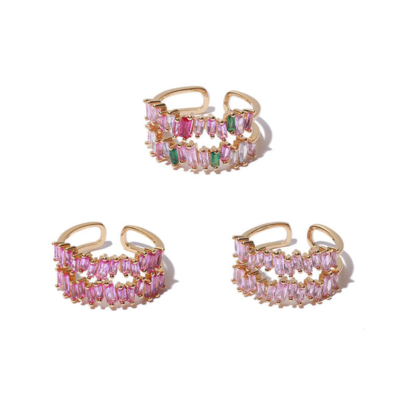 Colorful Zircon Micro-inlaid/brass Plated 18K Gold Korean Version Cute Pink Double Layer Zircon Niche Open Bracelet Ring