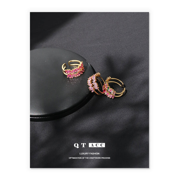 Colorful Zircon Micro-inlaid/brass Plated 18K Gold Korean Version Cute Pink Double Layer Zircon Niche Open Bracelet Ring