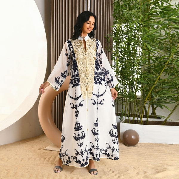 Muslim Evening Dress Mesh Embroidery Appliquéd Robe Abaya