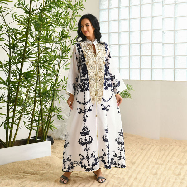 Muslim Evening Dress Mesh Embroidery Appliquéd Robe Abaya