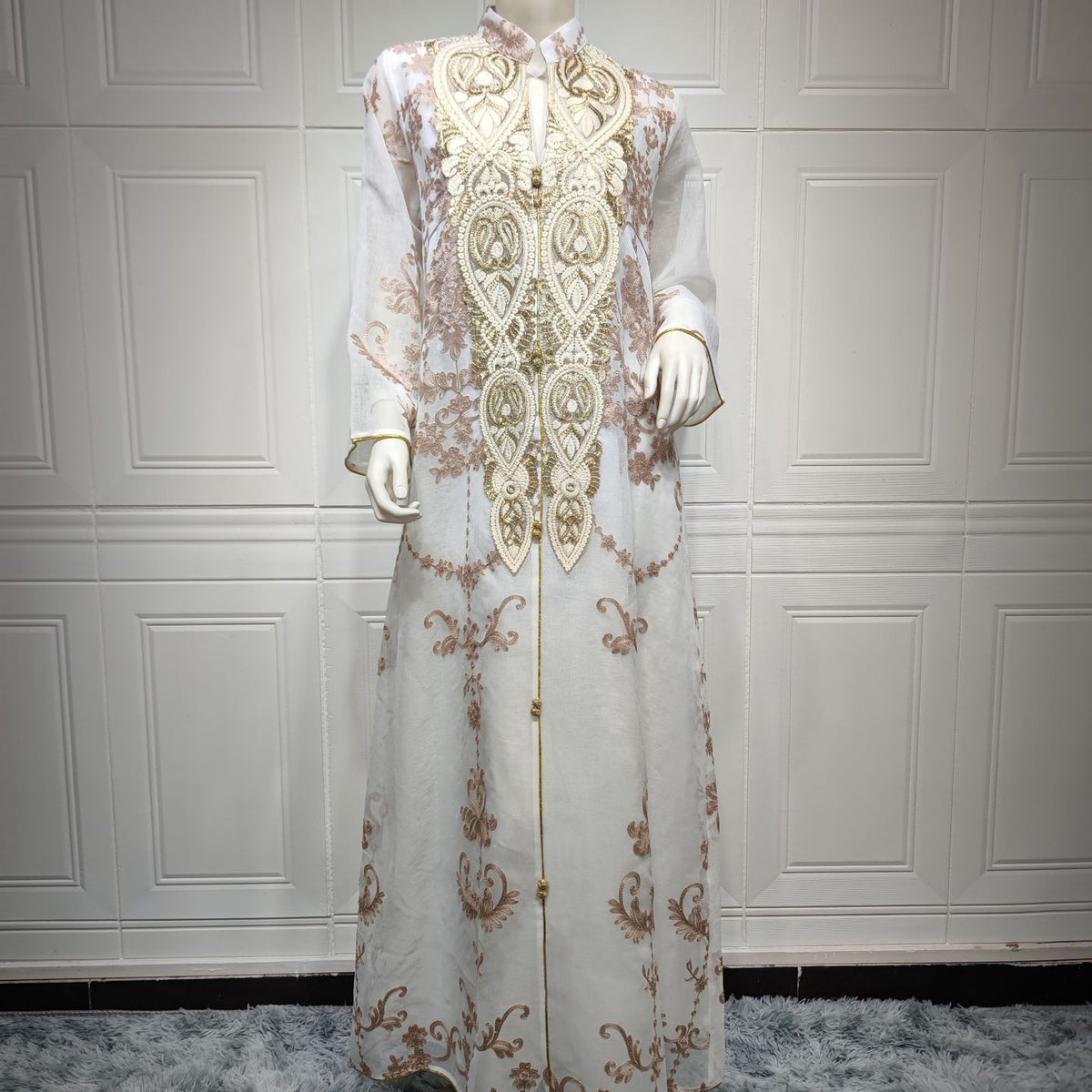 Muslim Evening Dress Mesh Embroidery Appliquéd Robe Abaya