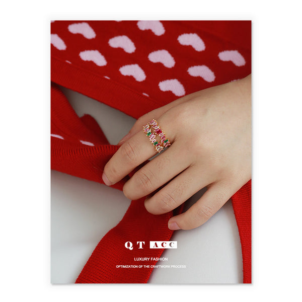Colorful Zircon Micro-inlaid/brass Plated 18K Gold Korean Version Cute Pink Double Layer Zircon Niche Open Bracelet Ring