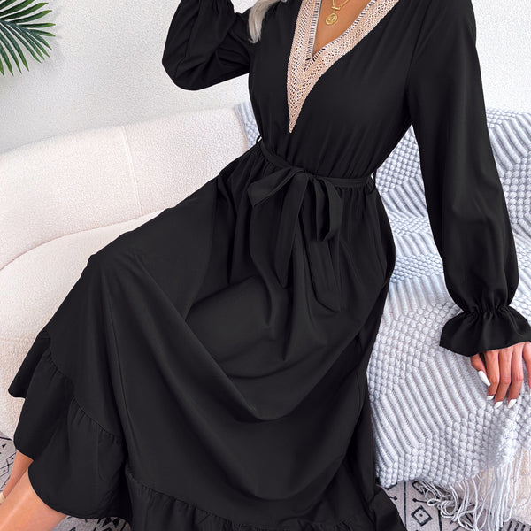 Ins Style Real Shot Spring And Summer European And American Temperament V-Neck Lace Waisted Ruffled Dress
