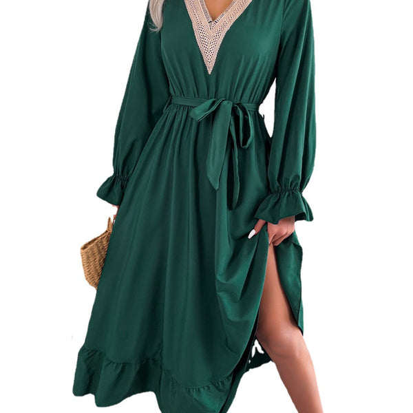 Ins Style Real Shot Spring And Summer European And American Temperament V-Neck Lace Waisted Ruffled Dress