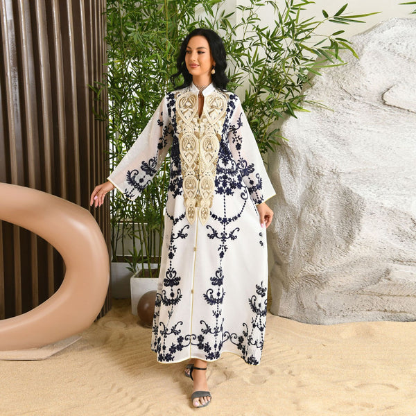 Muslim Evening Dress Mesh Embroidery Appliquéd Robe Abaya