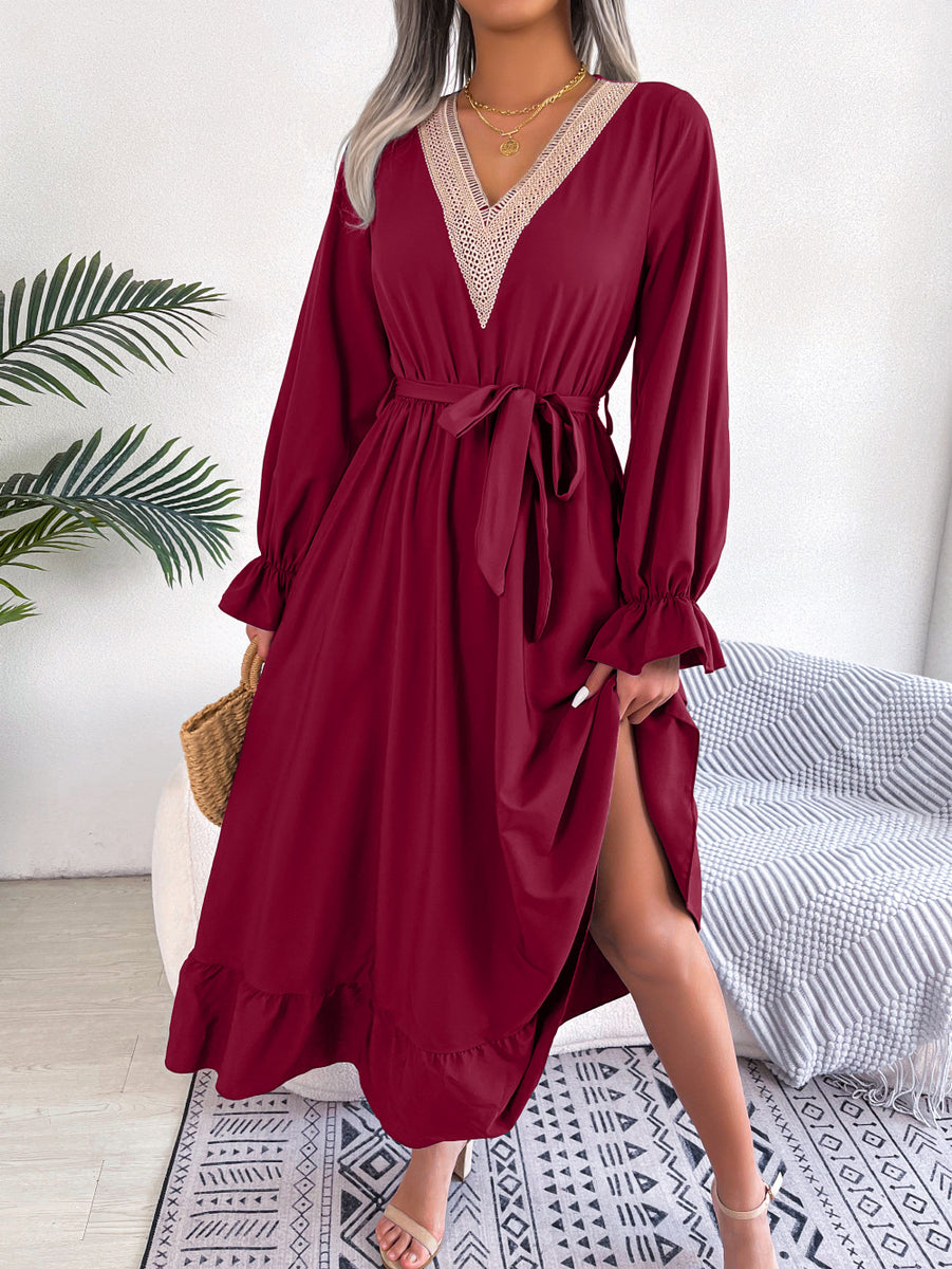 Ins Style Real Shot Spring And Summer European And American Temperament V-Neck Lace Waisted Ruffled Dress