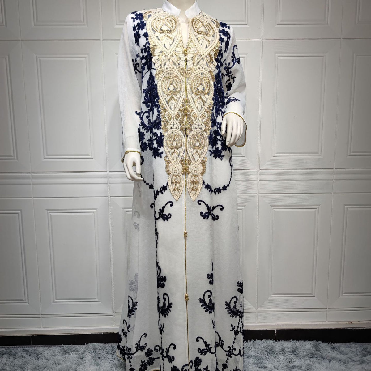 Muslim Evening Dress Mesh Embroidery Appliquéd Robe Abaya