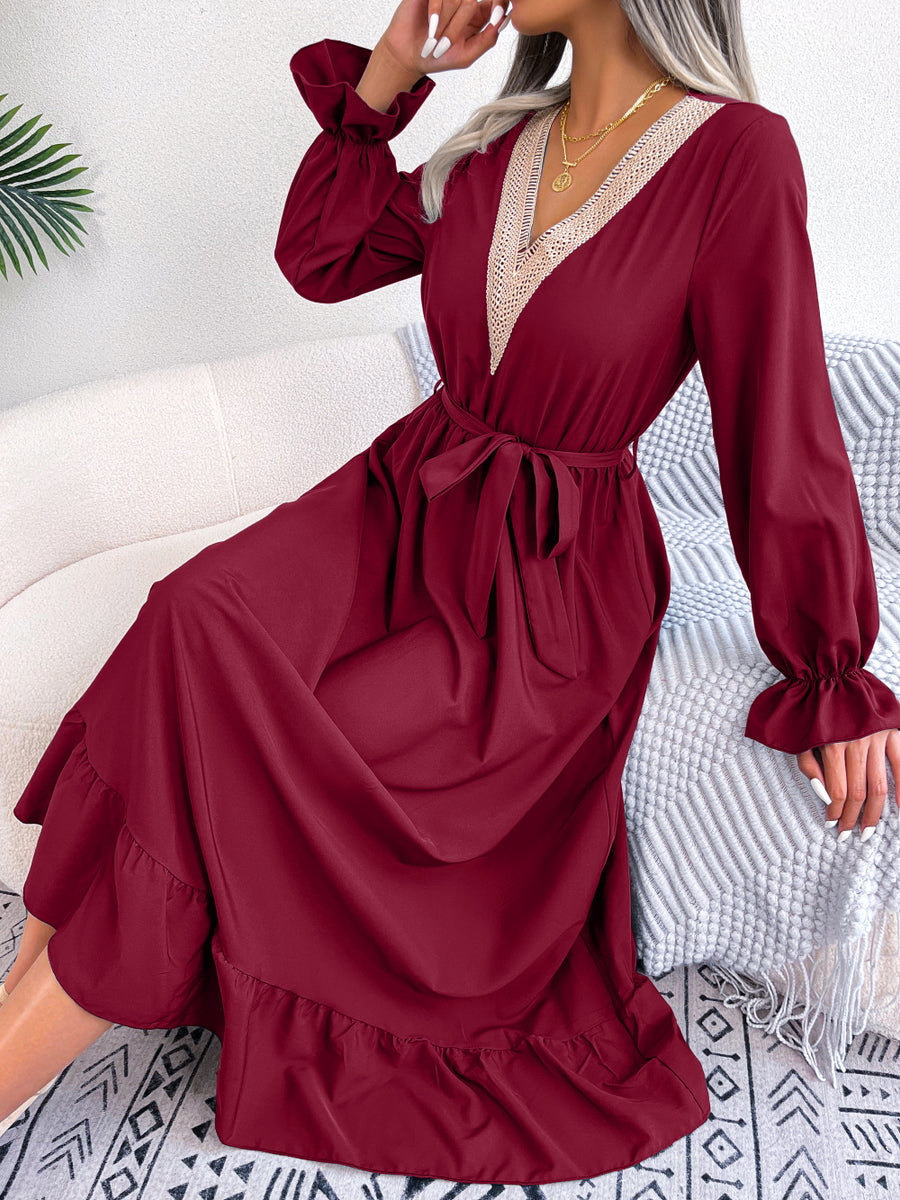 Ins Style Real Shot Spring And Summer European And American Temperament V-Neck Lace Waisted Ruffled Dress