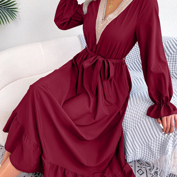 Ins Style Real Shot Spring And Summer European And American Temperament V-Neck Lace Waisted Ruffled Dress