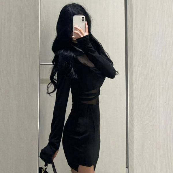 New Women's Clothing Adult Lady Like Woman Wind Black Fishbone Long Sleeve Dress