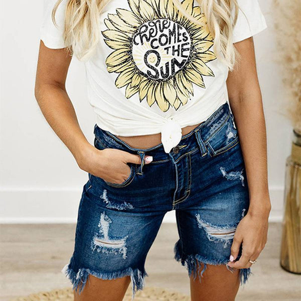 Washed And Frayed Jeans Women's Summer Slim High Waist Shorts