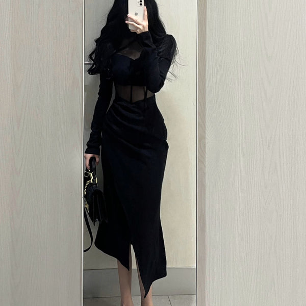 New Women's Clothing Adult Lady Like Woman Wind Black Fishbone Long Sleeve Dress